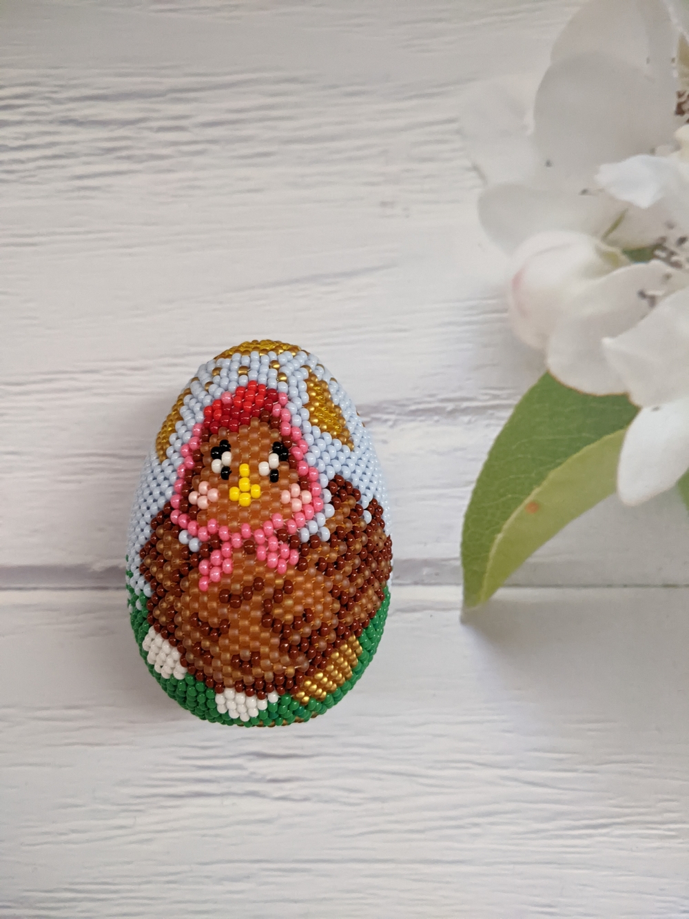 Beaded Chick Easter Egg Ornament - Brown/Pink